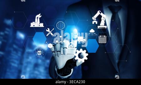 Businessman in Suit with Robotic Hand Interacting with Digital Icons Representing Industry, Technology, and Automation in a Modern Workplace Environme Stock Photo