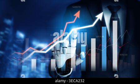 A futuristic businessman with a robotic hand interacts with digital charts and graphs, symbolizing the intersection of technology and financial growth Stock Photo