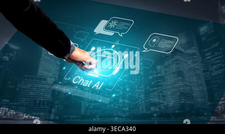 Futuristic AI chatbot with autonomous agent capabilities, AI natural language understanding, and seamless business workflow AI integration. AI for mod Stock Photo