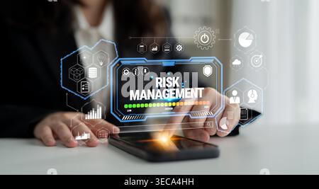 Professional risk management concept featuring digital interface and modern technology displaying analytics and strategic insights for decision making Stock Photo