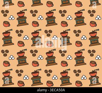Collection of seamless patterns with coffee items in flat style Stock Vector