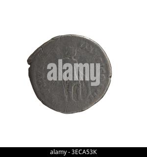 Denarius of Marcus Aurelius (121–180; Roman emperor 161–180), 163–164. Obverse: Head of Marcus Aurelius with laurel wreath facing right, inscription M ANT•NINVS AVG. Reverse: Mars standing right, holding a spear with the tip down in his right hand and resting his left hand on a shield, inscription TR P XVIII – IMP II COS II. Roman Empire (27 BC–476), Rome. Coin; silver; diameter 17.5 mm; weight 2.67 g; axis 180°., A single round object resembling a worn coin fills the center of the image against a white background; the object has a rough, uneven edge and a textured surface with visible Stock Photo