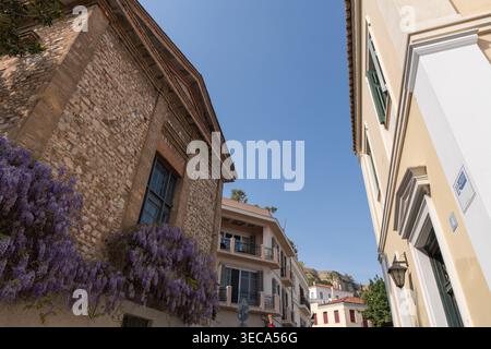 Wisteria in Bloom on a Plaka Street in Athens, Greece. Stock Photo