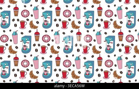 Collection of seamless patterns with coffee items in flat style Stock Vector