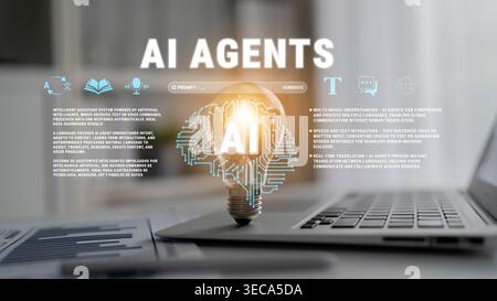 Innovative AI Agents Concept Visualization with Light Bulb and Laptop Representing Future of Technology and Intelligence in Modern Business and Resear Stock Photo