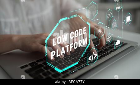 Innovative Low Code Platform Concept for Future Software Development with Hands on Keyboard and Digital Interface Elements Quark. Stock Photo