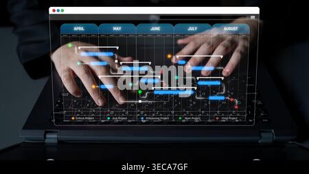 Hands of a Project Manager Working on a Gantt Chart Displayed on a Laptop Screen with Various Project Tasks and Deadlines Represented Visually Sigmoid Stock Photo