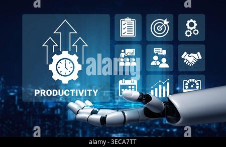A dynamic futuristic scene featuring a robotic hand presenting productivity icons, showcasing the intersection of technology and business efficiency i Stock Photo