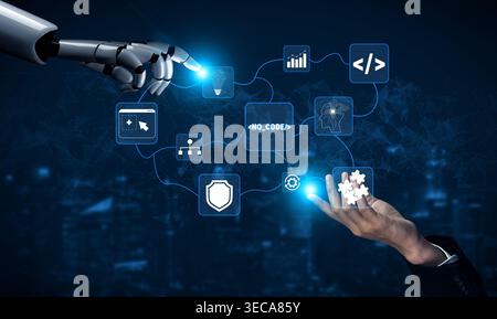 Human and Robot Collaboration in Technology with Digital Interface Symbols Representing Innovation and Automation in Future Business Environments Quar Stock Photo