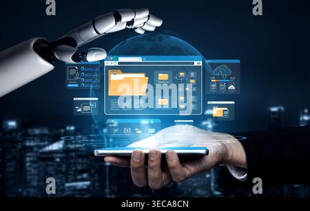 Futuristic Robot Hand Interacting with Digital Globe and Data Interface on Smartphone in Modern City Nightscape Sigmoid Stock Photo