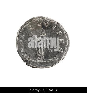 Denarius of Caracalla (188–217; Roman emperor 198–217) featuring Julia Domna (ca. 160–217; Roman empress 193–211). Obverse: IVLIA PIA FELIX AVG — bust of Julia Domna facing right, pearl border. Reverse: DIANA LVCIFERA — Diana standing left, holding a lit torch in both hands, pearl border. Date: 211–217. Roman Empire. Rome. Coin; diameter 17.5 mm, weight 3.20 g., A circular metallic object with a worn, textured surface and uneven edge, shown against a white background; the object appears silvery gray with darker gray areas and lighter highlights; a raised central figure of a standing person Stock Photo