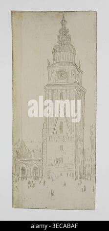 Town hall tower in Krakow with neo-Gothic guardhouse, Feliks Jabłczyński (1865–1928), graphic artist; architectural study/cityscape of town halls and public buildings; Town Hall (Krakow; Main Market Square), Krakow (Lesser Poland Voivodeship); Polish graphic art, 1920; graphic matrix/plate; height 13 cm, width 5.5 cm., A narrow vertical drawing on aged off-white paper shows a tall architectural tower with a domed top and spire, rendered in fine brown lines; the tower has rectangular and arched window openings and decorative vertical and diagonal linework, and is positioned above a lower Stock Photo