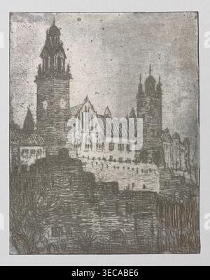 Feliks Jabłczyński (1865–1928), graphic artist; architectural studies and cityscapes depicting Wawel, tenement houses, streets, views, towers, castles; Kraków (Wawel), Warsaw; Polish graphics, ca. 1924; graphic matrix/plate, height 9.9 cm, width 8.1 cm, The image shows a detailed monochrome etching of a historic building complex with several tall towers and steeply pitched roofs, rendered in shades of gray and muted brown; the foreground contains textured stone walls and layered architectural forms, while the middle ground features a large central structure with pointed gables and arched Stock Photo
