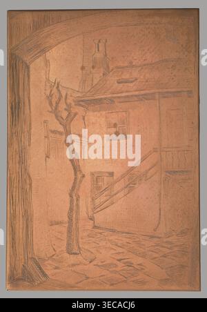 Yard with a dead tree; graphic artist; trees; urban courtyards; tenement houses; Polish graphics; after 1915; graphics; graphic matrix/plate; height 14.6 cm; width 10.1 cm; thickness 0.1 cm, The image shows an etched scene in predominantly copper and brown tones with visible dark brown lines creating the drawing. A narrow courtyard framed by a large arched opening occupies the composition, with a tall, thin, leafless tree in the foreground and a textured cobblestone ground. A building with a sloped roof, a balcony with a simple railing, and an exterior staircase is visible on one side, and Stock Photo