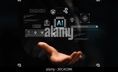 Hand Reaching Out with AI and Data Graphics Displayed in Front on Dark Background, Depicting Modern Technology and Innovation Concepts in Digital Worl Stock Photo