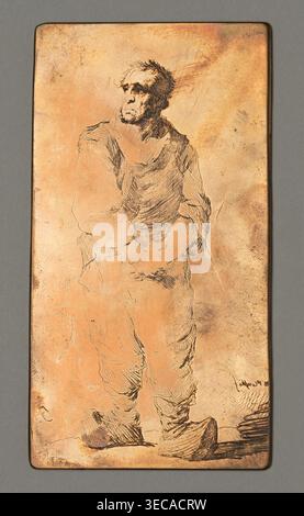 Dutch worker in sabots; Płoński, Michał (1778–1812), graphic artist; character study of a man — worker/poor person wearing klompen (wooden shoes); ca. 1800; graphic matrix/graphic plate; height 10.5 cm, width 5.6 cm., A vertical rectangular metal plate with a warm copper tone and areas of darker brown patina shows an engraved sketch of a standing man facing slightly to one side; the figure is drawn with fine dark lines defining a textured shirt, loose trousers, and large shoes, and the man's hair appears tousled with a contemplative facial expression; the plate is mounted on a neutral gray Stock Photo