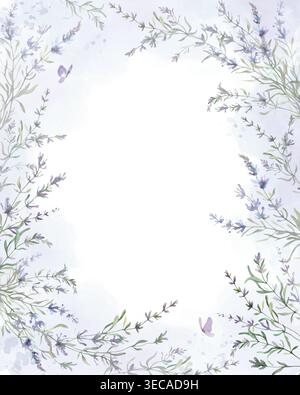 Delicate watercolor lavender floral frame on soft light blue wash background. Hand-painted botanical border for wedding stationery, Vector EPS. Stock Vector
