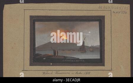 The eruption of Vesuvius in 1819; Camillo de Vito (fl. 1794–1845), draughtsman; subject: Vesuvius (Italy), eruptions, nocturne landscape/seascape of the Bay of Naples, Naples, 1819; drawing; height 7.3 cm, width 11.5 cm, A small framed painting shows a seascape with a dark silhouetted shoreline in the foreground and a group of a few standing figures near the water; several sailboats with tall masts are floating on a calm gray-blue sea. In the background a large dark mountain emits bright orange and yellow flames and a plume of reddish-orange and gray smoke that contrasts with the dusky gray Stock Photo
