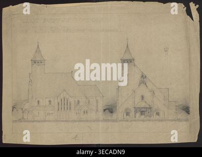 Częstochowa. Church in Raków. Unrealized project. Front elevation, side elevation. Wojciechowski, Jarosław (1874–1942). Towns, Częstochowa (Silesian Voivodeship). Modernism (style). 1911. Drawing; architectural drawing, architectural design. Height 37 cm; width 50.8 cm., A hand-drawn architectural elevation of a church on aged beige paper showing two large building faces with steep pitched roofs and towers; the drawing is executed in grey pencil lines with subtle shading and hatching, depicting roof tiles, arched windows, entrances with ornamental arches, and a small domed porch on one side; Stock Photo