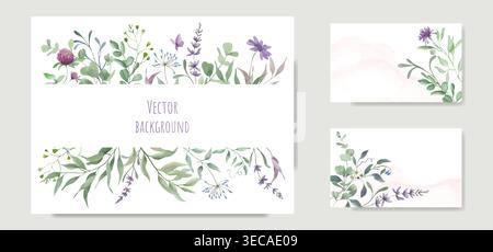 Set of watercolor floral frames and templates for stationery. Hand drawn wildflower borders with clover, lavender, eucalyptus on white. Vector EPS. Stock Vector
