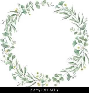 Watercolor botanical wreath with green eucalyptus branches and ginkgo biloba leaves on white background. Vector EPS. Stock Vector
