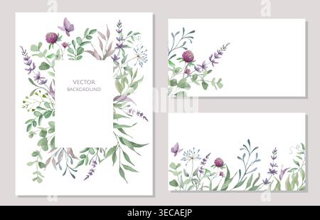 Set of watercolor floral frames and templates for stationery. Hand drawn wildflower borders with clover, lavender, eucalyptus on white. Vector EPS. Stock Vector