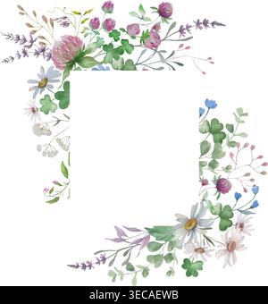 Set of watercolor floral frames  for stationery. Hand drawn wildflower borders with clover, lavender, eucalyptus on white. Vector EPS. Stock Vector