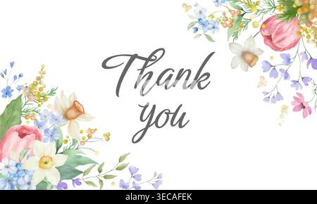 Watercolor "Thank you" greeting card template with spring flowers. Horizontal floral banner featuring pink tulips, daffodils, yellow mimosa. Vector. Stock Vector