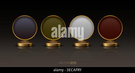 Elegant golden circular frames with varied colored backgrounds on a dark reflective surface. Ideal for luxury product display, awards, or logo presentation. Vector illustration. Stock Vector