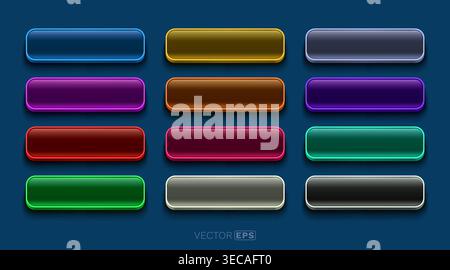 Glossy web buttons set in vibrant colors. A modern collection of empty shiny rectangular UI elements with a 3D effect, perfect for digital design. Vector illustration. Stock Vector