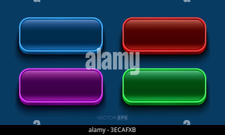Set of four vibrant, glossy, rounded rectangular buttons. Modern UI elements for web design or user interfaces. Vector illustration Stock Vector