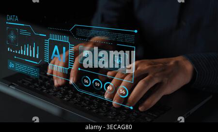 Hands Typing on Laptop with Futuristic Data Visualization and AI Interface Displaying Technology and Digital Elements in Dark Setting Gluon. Stock Photo
