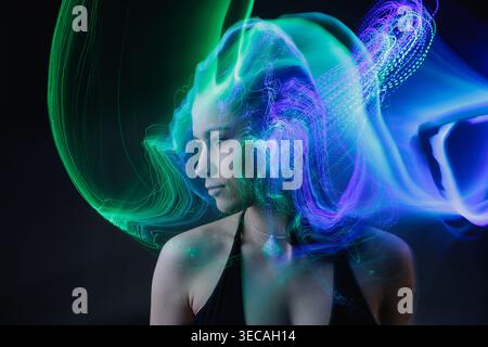 Female portrait with green digital lines visualizing neural data, AI processing, and brain activity. Stock Photo