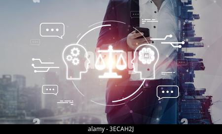 Business professional using smartphone while interacting with technology, law scales, and artificial intelligence concepts in urban setting Gluon. Stock Photo