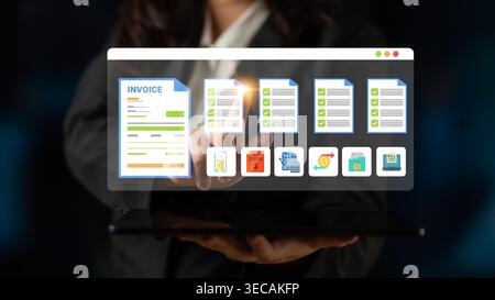 A businessman interacts with virtual financial documents on a tablet screen, illustrating the modern approach to invoicing and document management in Stock Photo
