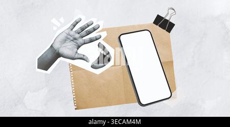 Creative Collage Featuring a Smartphone, Hand Graphic, and Mouth Graphic on a Paper Background Stock Photo