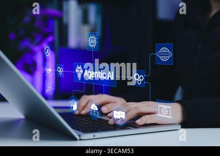 Agentic AI workflow and autonomous business automation concept. Person using laptop with connected AI, chat, cloud, prompt, coding and search icons, r Stock Photo