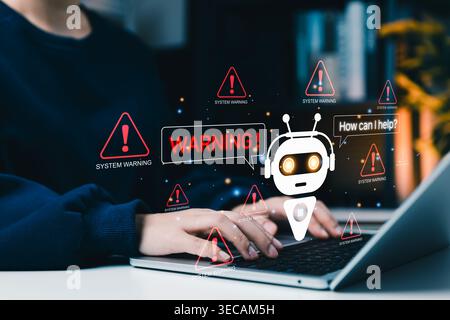 AI system warning and automated support risk alert concept. Person using laptop with chatbot, warning signs, and error notifications. AI monitoring, i Stock Photo