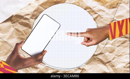 Creative Process in a Collage Set With Hands Interacting With a Phone Stock Photo