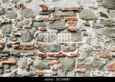 Old stone and brick wall texture showcasing rustic masonry with weathered surfaces and natural architectural character. Stock Photo