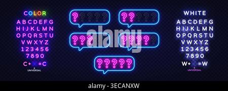 Neon question mark rating bubbles with glowing purple symbols. Mystery score indicators in chat style frames on dark background Stock Vector