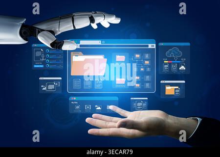 Futuristic Robot Hand Reaching for Human Hand in Digital Workspace with Virtual Files and Data Interface Against Blue Background Sigmoid Stock Photo