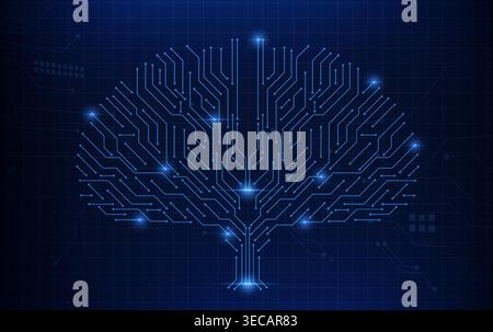 Human brain silhouette with neon circuit board pattern glowing on dark blue background. Vector realistic illustration of AI technology concept, futuristic neural networks, abstract semiconductor Stock Vector