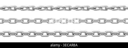 Silver chain links, seamless metal pattern with realistic steel texture, vector set isolated on white background. Jewelry design, necklace illustrations, iron border elements, frame collection Stock Vector