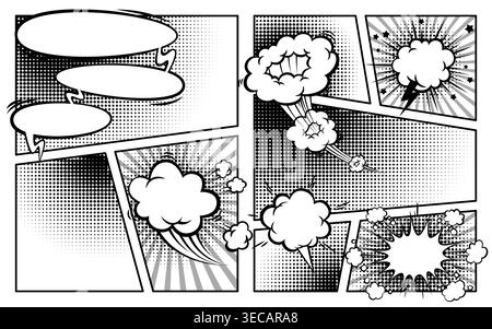 Comic book page with pop art frames and speech bubbles, black vector design on white background. Retro cartoon illustration with radial lines and halftone dots for vintage super hero design Stock Vector