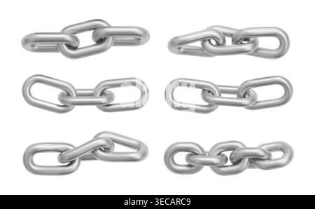 Chrome chain links set isolated on white background. Vector realistic illustration of metallic silver necklace details, 3D steel jewelry design, symbol of security or cooperation, seamless pattern Stock Vector