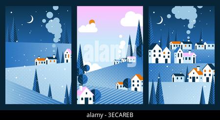 Winter geometric landscape cards, abstract vector backgrounds with mountains and snowy village houses, night blue sky with crescent and sunrise. Seasonal posters, christmas postcard artworks Stock Vector