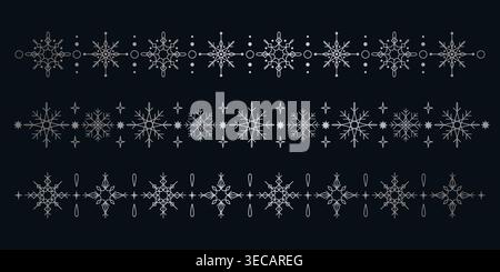 Silver snowflake borders, elegant winter seamless patterns isolated on dark background. Festive snow ornaments, decorative frames for holiday greeting cards, Christmas banners, and New Year designs. Stock Vector