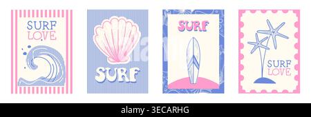 Retro set of love surf posters in pastel pink and blue colors. Vector illustration of ocean wave, sea shell, surfboard, starfish icons in simple frames, summer beach activity, vacation banner designs Stock Vector