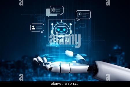 Futuristic AI chatbot with autonomous agent capabilities, AI natural language understanding, and seamless business workflow AI integration. AI for mod Stock Photo